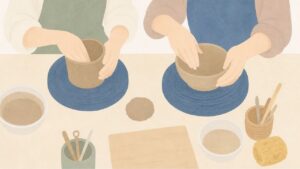 広島でカップルが陶芸体験をしているイラスト