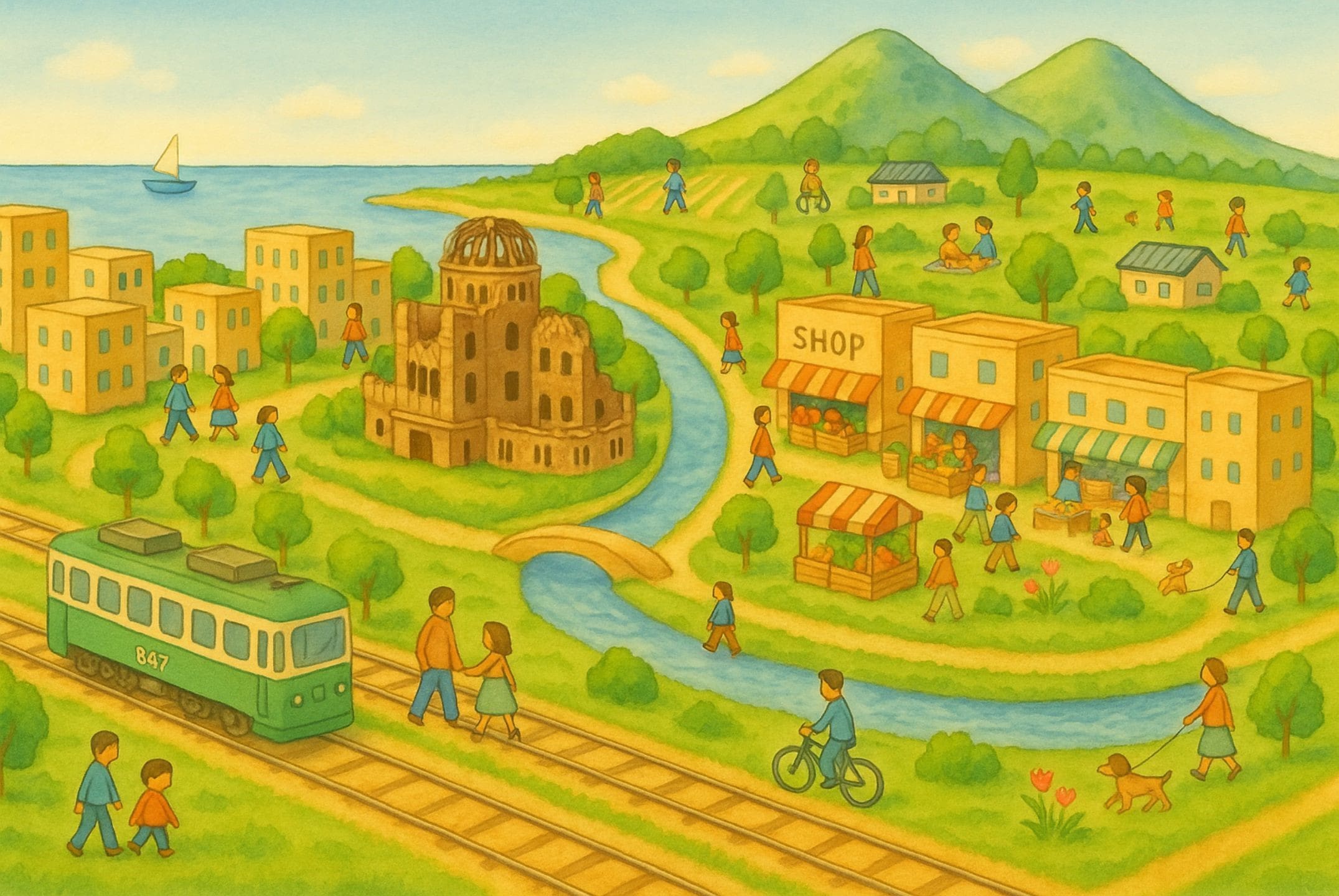 広島の街と人々の温かい日常を描いた水彩風イラスト