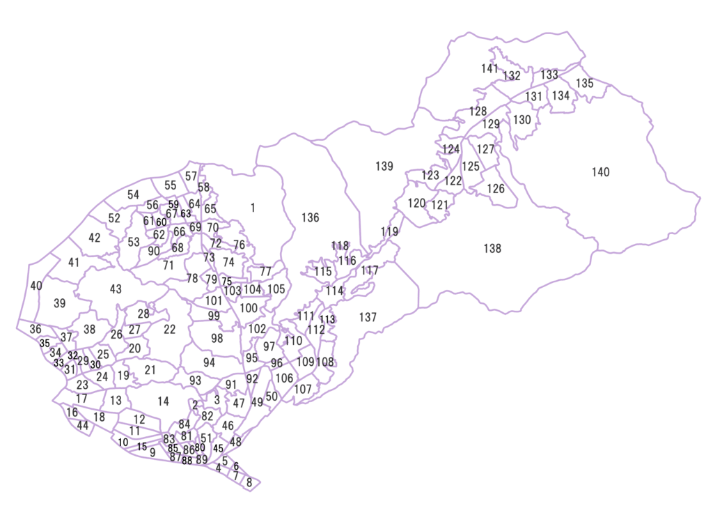 広島市東区の町名マップ（番号付き）。地図には町名ではなく番号のみ記載。町名は一覧表で確認できます。