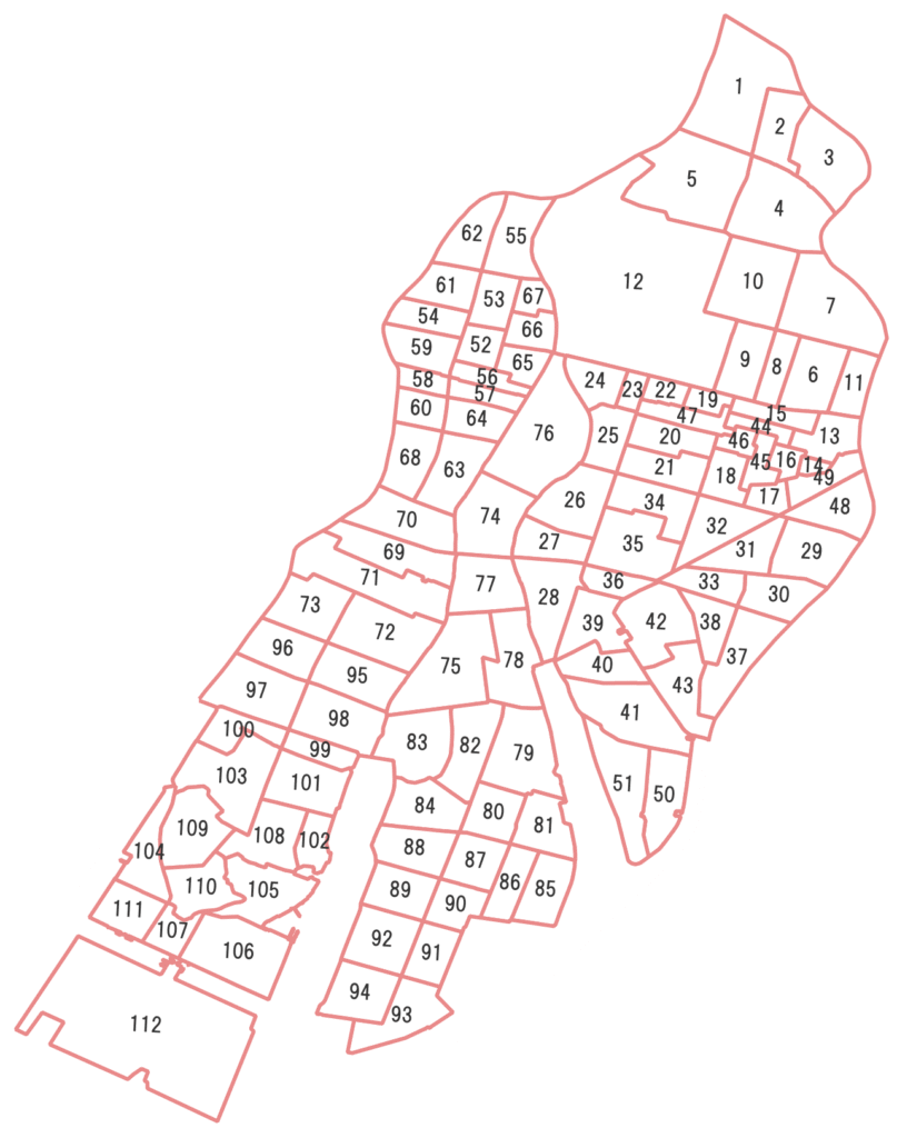 広島市中区の町名マップ（番号付き）。地図には町名ではなく番号のみ記載。町名は一覧表で確認できます。