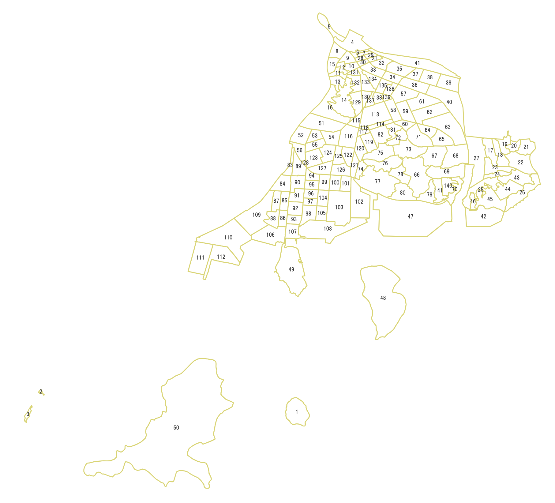 広島市南区の町名マップ(番号付き)。地図には町名ではなく番号のみ記載。町名は一覧表で確認できます。