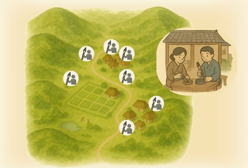 町全体で筆づくりの技術が磨かれるイラスト