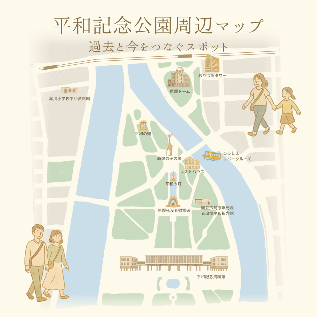 平和記念公園周辺のイラストマップ。原爆ドーム、原爆の子の像、平和の灯、平和記念資料館など、主要スポットの位置を示した地図。