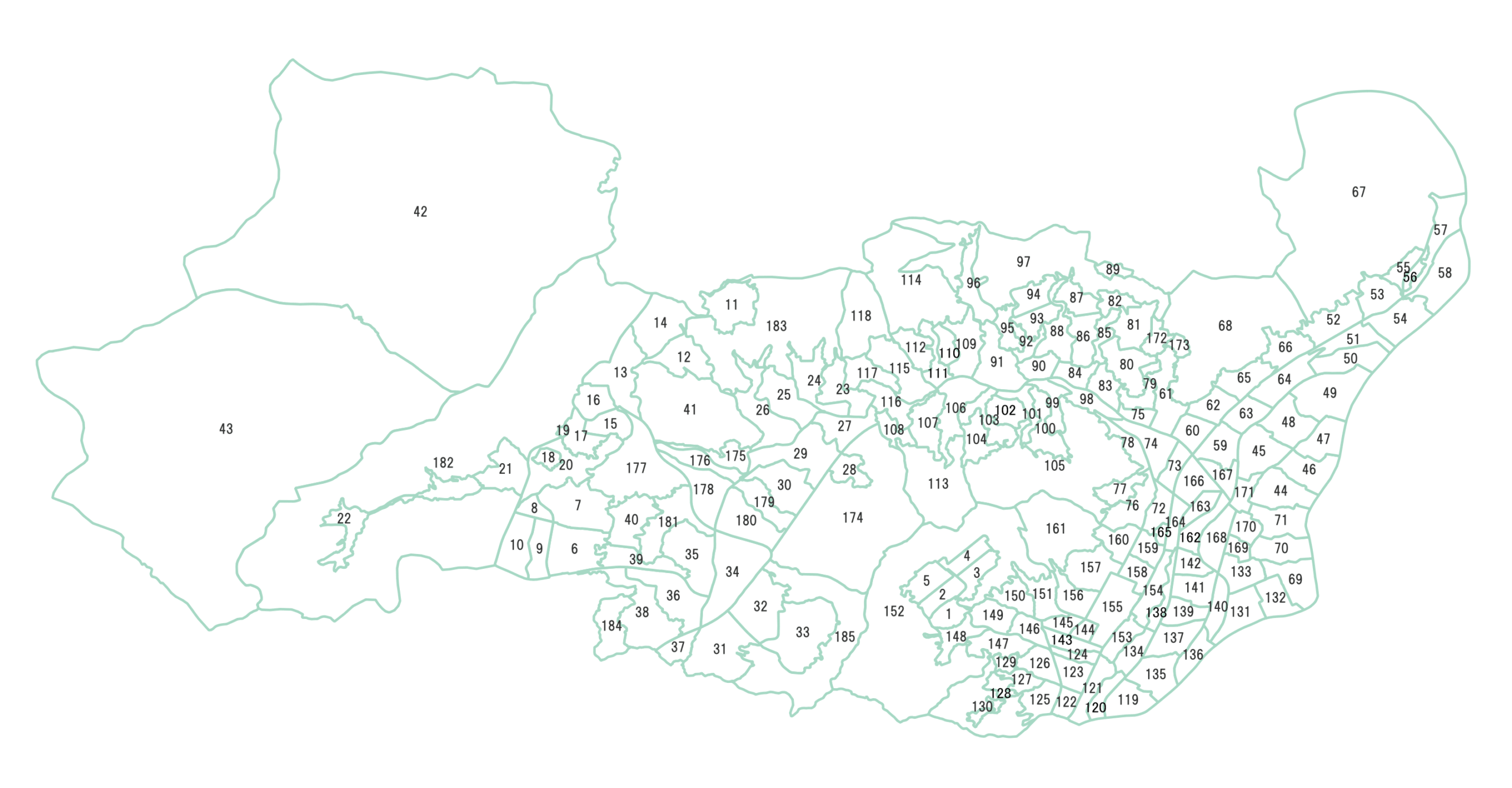 広島市安佐南区の町名マップ（番号付き）。地図には町名ではなく番号のみ記載。町名は一覧表で確認できます。