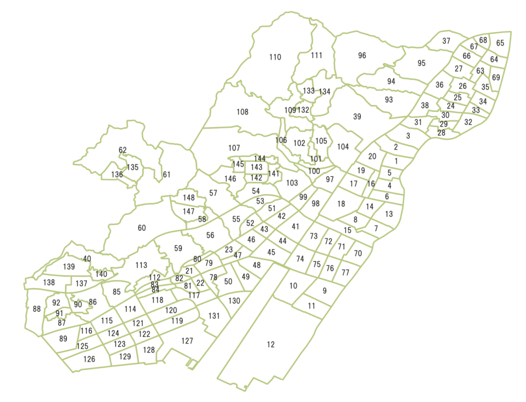広島市南区の町名マップ（番号付き）。地図には町名ではなく番号のみ記載。町名は一覧表で確認できます。