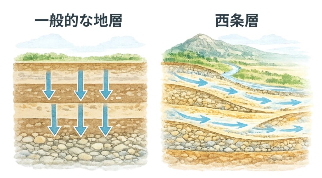 一般的な地層と西条層の違いを可視化したイラスト