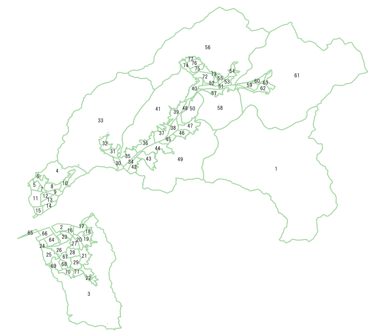 広島市安芸区の町名マップ（番号付き）。地図には町名ではなく番号のみ記載。町名は一覧表で確認できます。