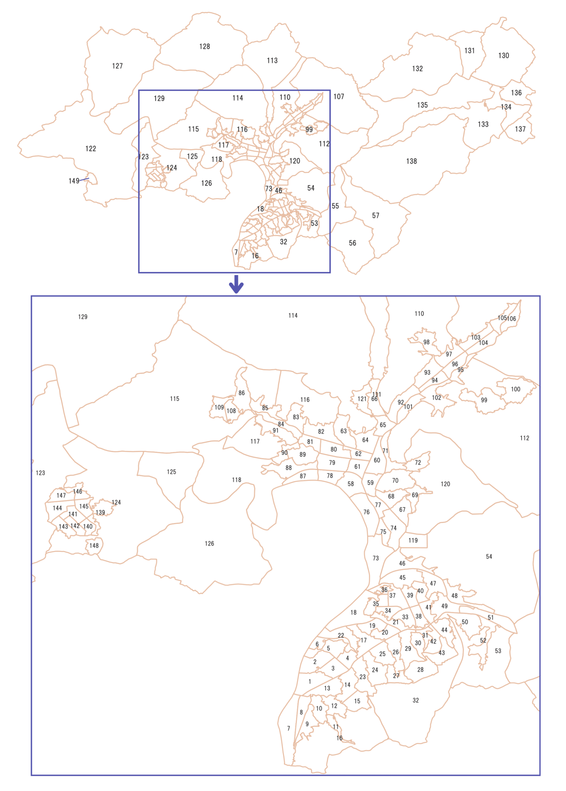 広島市安佐北区の町名マップ（番号付き）。地図には町名ではなく番号のみ記載。町名は一覧表で確認できます。