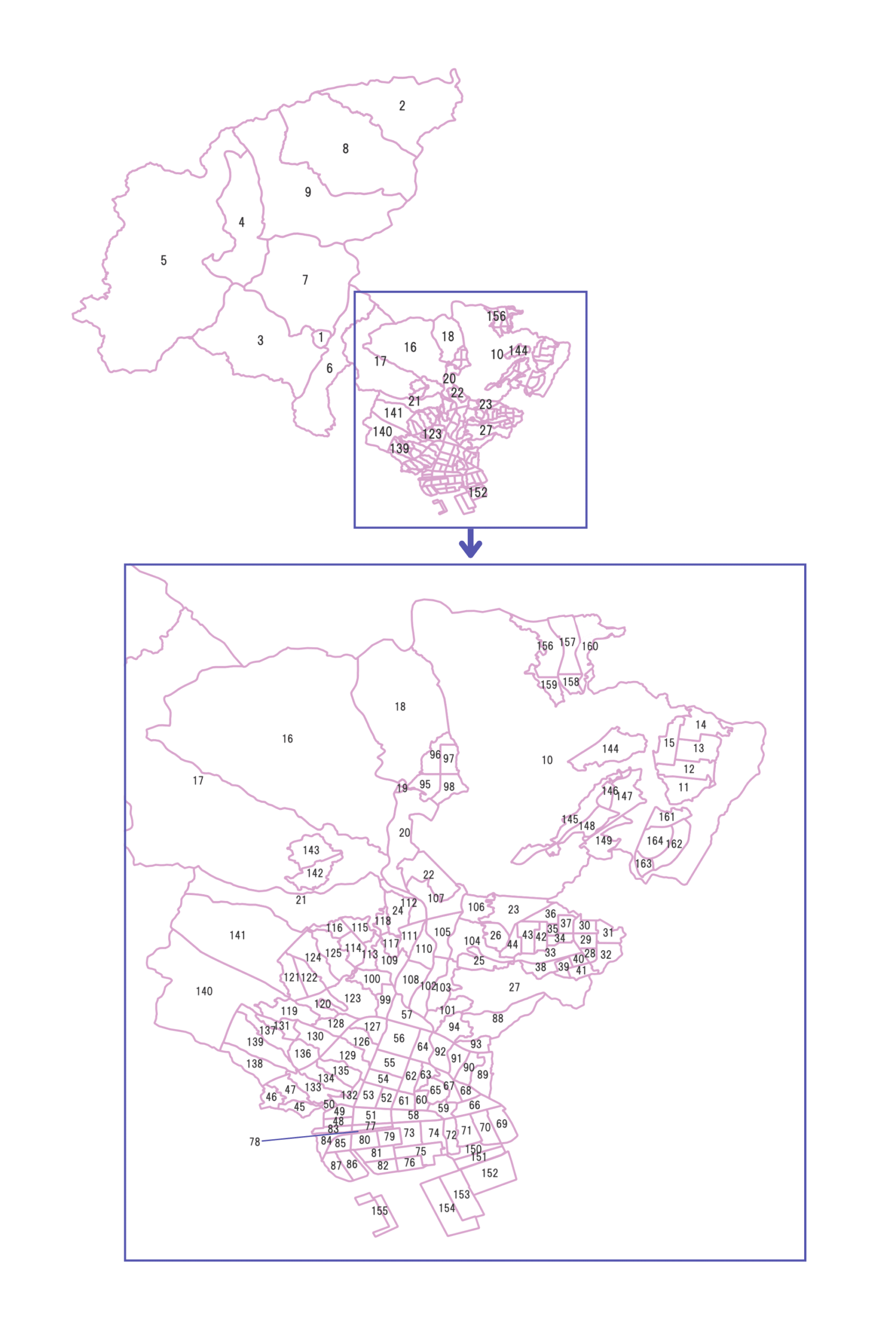広島市安佐北区の町名マップ（番号付き）。地図には町名ではなく番号のみ記載。町名は一覧表で確認できます。