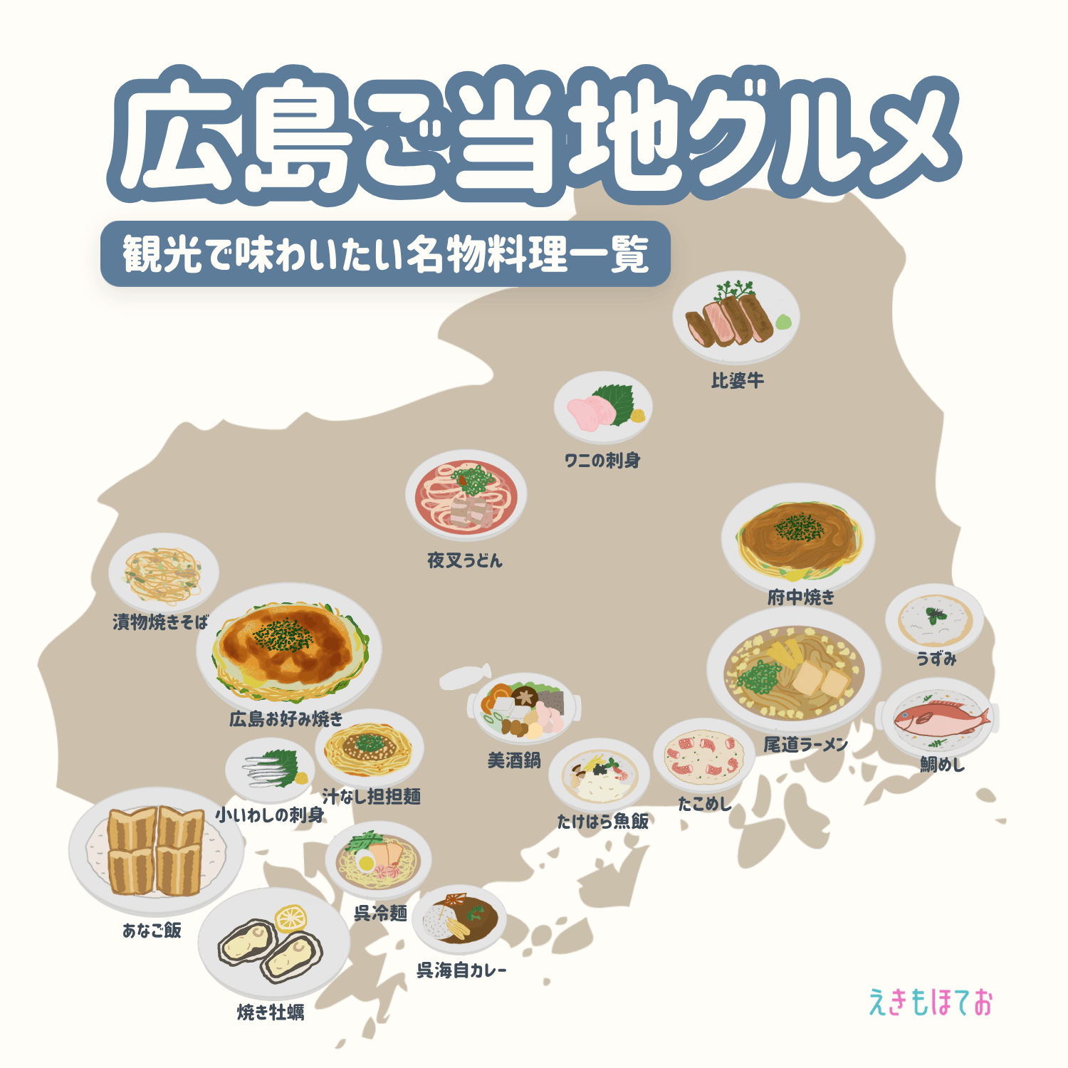 広島県内の各地域で味わえる名物料理をまとめたイラストマップ